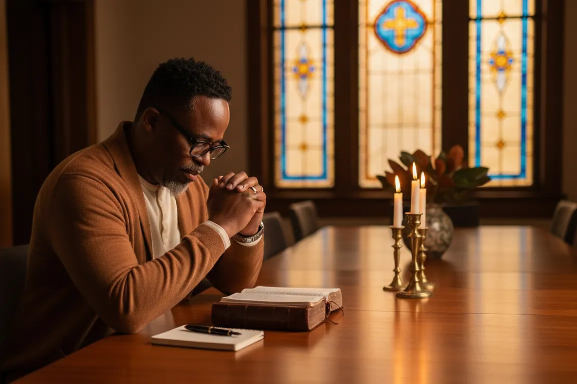 Ken Bridgett praying at a long wooden table with an open Bible and a notebook, stained glass windows behind him