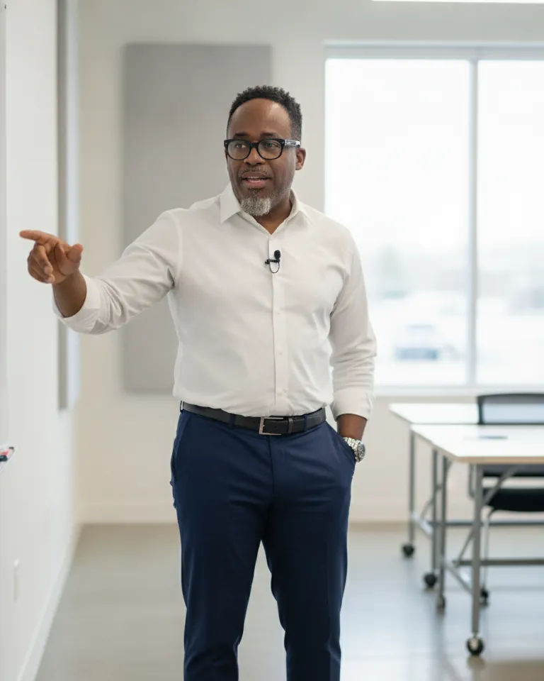 Ken Bridgett teaching in a bright workroom, pointing to a whiteboard