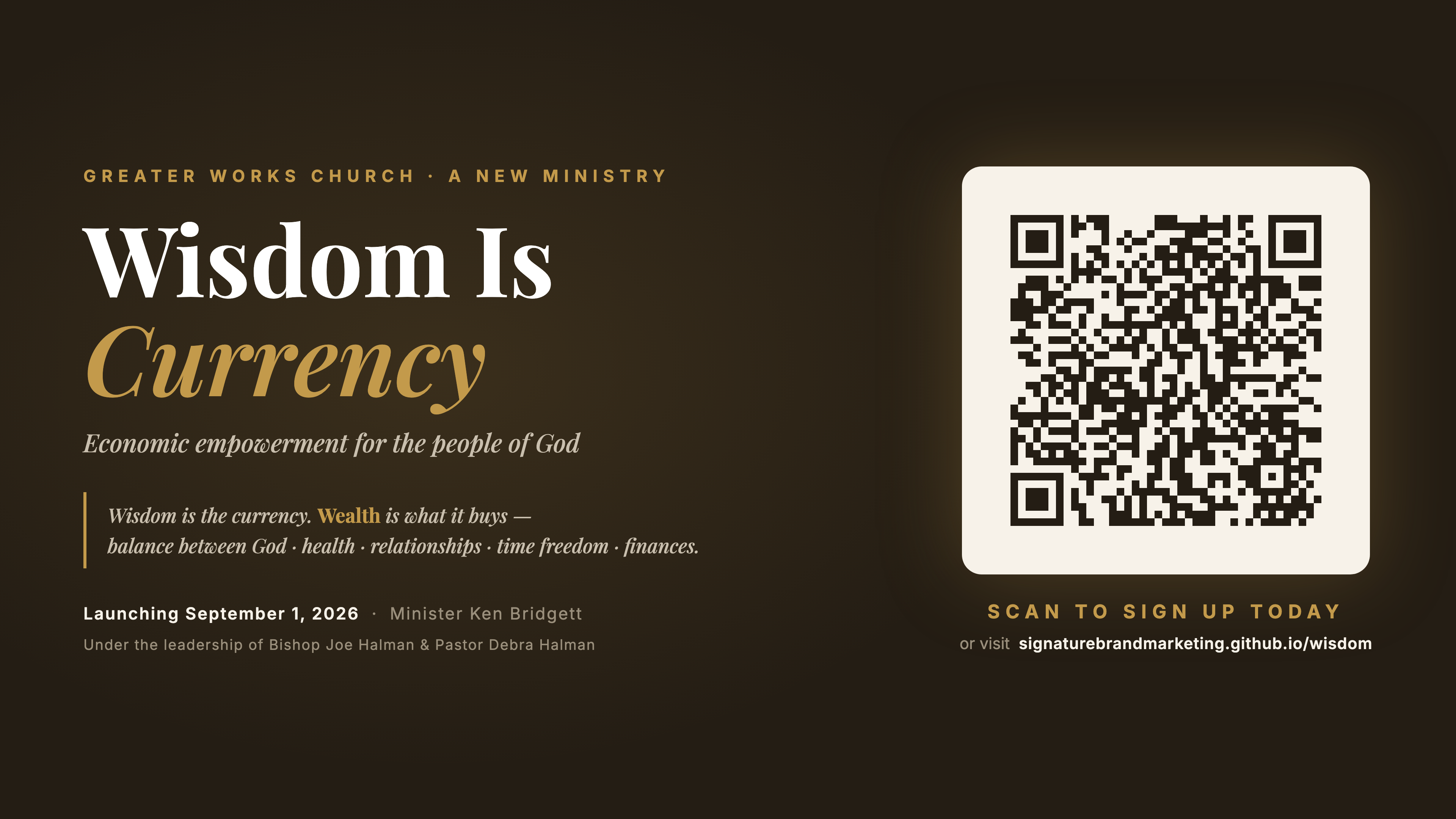 The announcement screen with sign-up QR code